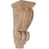 Sanford wood corbels are hand-carved with flower drop on the front, scrolls and carved flower on the sides