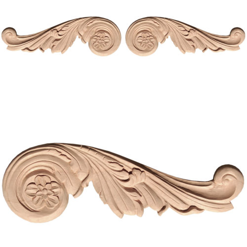 Phoenix scroll wood onlays are hand carved from premium selected maple, white oak and cherry. Wood onlays feature carved in deep relief scrolled leaf design with flower center