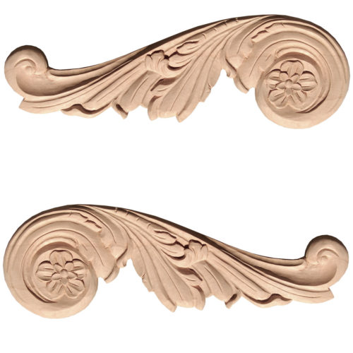 Phoenix scroll wood onlays are hand carved from premium selected maple, white oak and cherry. Wood onlays feature carved in deep relief scrolled leaf design with flower center