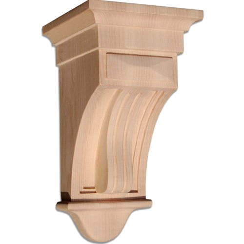 Texas wood corbels feature Mission style design with double recessed panels and deep fluting on the curved front.