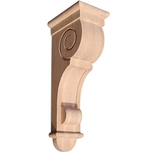 Craftsman wood corbels design features recessed paneled front and decorative craftsman scroll on the side