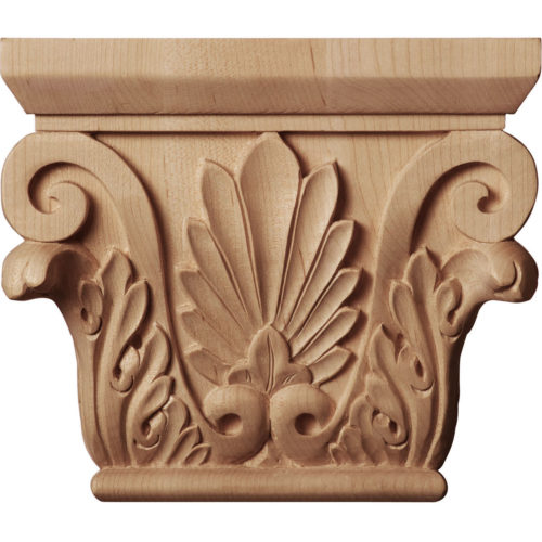 Roman wood capitals are carved in a deep relief with rising acanthus leaf and scroll motif