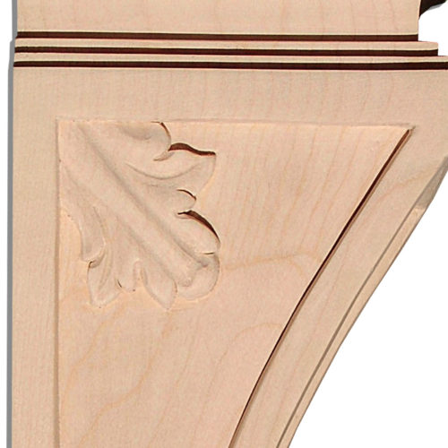 Tallahassee concave wood corbels design features curved-in recessed paneled front. Elegant leaf carved on the upper corner on both sides of the corbels