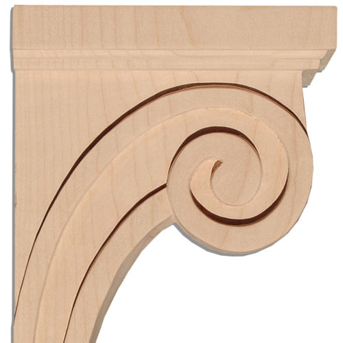 Raleigh wood corbels are carved in a deep relief in Craftsman style. On the sides corbels have a craftsman scroll design