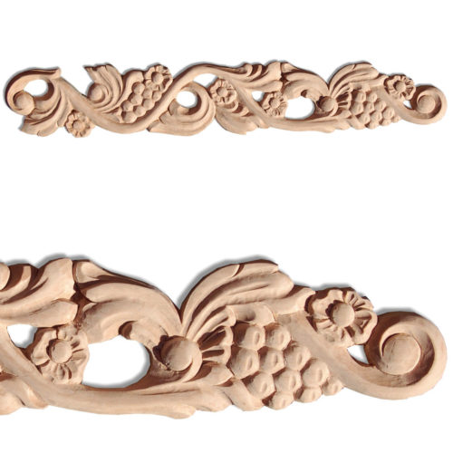 Escondido wood carvings crafted from premium selected hardwood. Wood carvings feature carved in deep relief grapevine motif with flowers and grape clusters