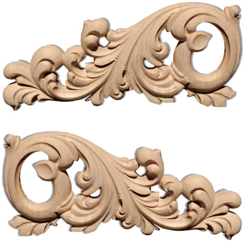 Marietta scroll wood onlays are hand carved from premium selected maple, white oak and cherry. Wood onlays feature carved in deep relief scrolled leaf design.