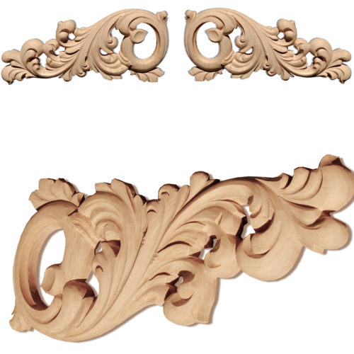 Marietta scroll wood onlays are hand carved from premium selected maple, white oak and cherry. Wood onlays feature carved in deep relief scrolled leaf design.