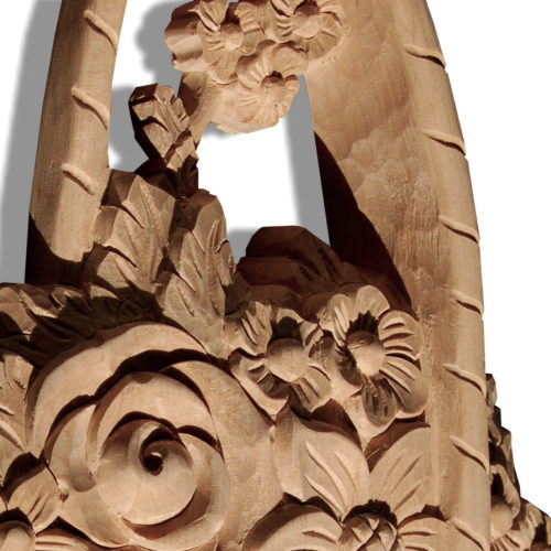 Santa Ana hand-carved wood basket with flowers is available in maple, cherry and white oak. Wood carving features carved in deep relief flower basket filled with beautiful flowers