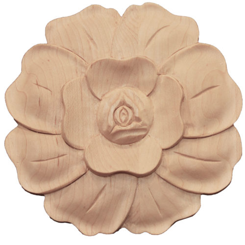 California wood rosettes are carved with flower motif