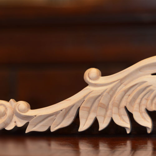 Atlanta center wood carvings are hand carved from premium selected hardwoods. Wood carvings feature carved in deep relief shell motif with scrolled leaf design