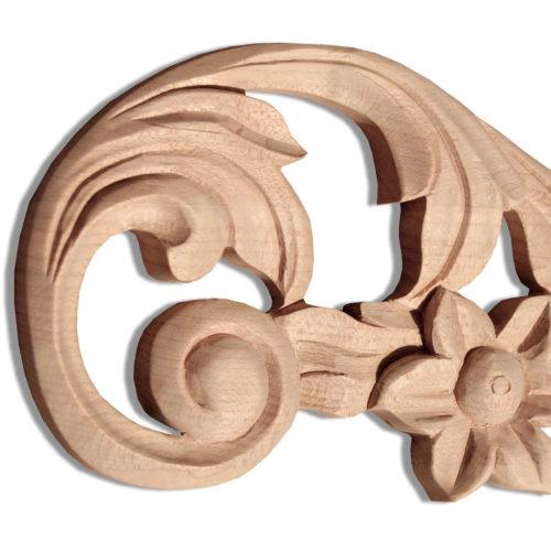 Bakersfield scroll wood carving is hand crafted from premium selected North American hard maple. Wood carving features carved in deep relief elegant flowers and leaf scrolls motif