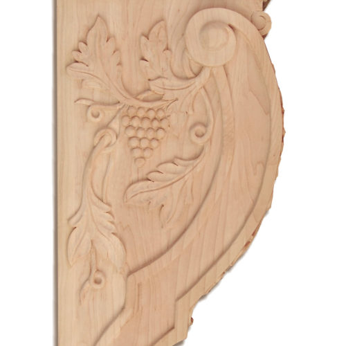 Extra Large Sonoma hardwood corbels have a beautiful carved in a deep relief grapevine motif featuring grape leaves and grape clusters design on the corbels front and on the sides