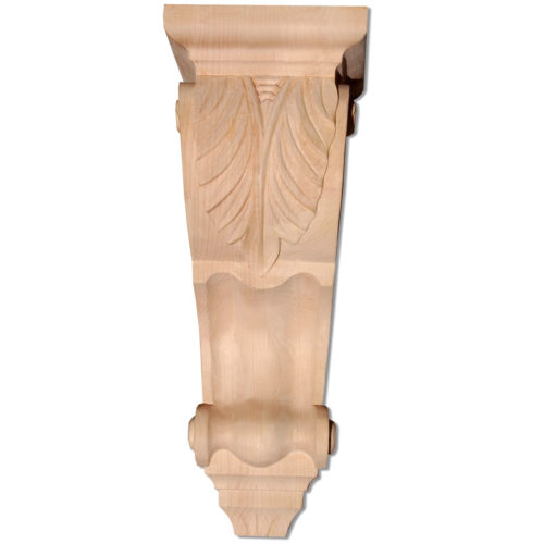 Manchester wood corbels are carved in a deep relief with acanthus leaf motif. Side of the corbels carved with leaf design and spiraling border scroll with elegant lines