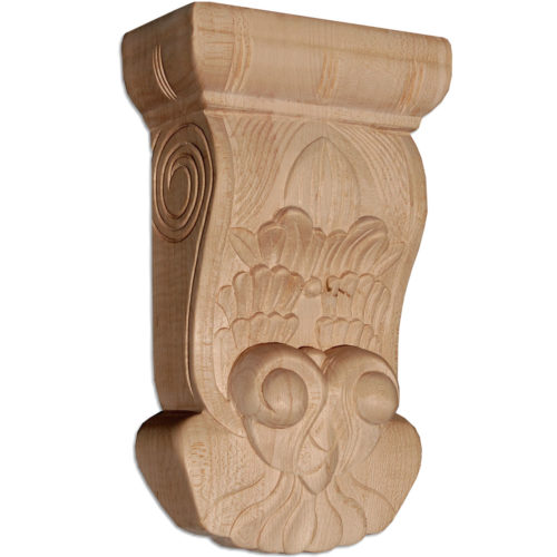 Bangor wood corbels are carved in a deep relief with stylized leaf motif. On the sides corbel has a graceful curves and classic scrolls design