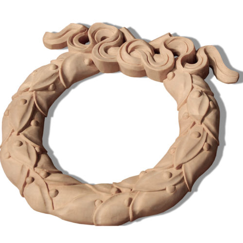 Henderson wreath center wood carving is hand crafted from premium selected white hardwood. Wood carving features carved in deep relief laurel leaf wreath elegantly tied with a ribbon