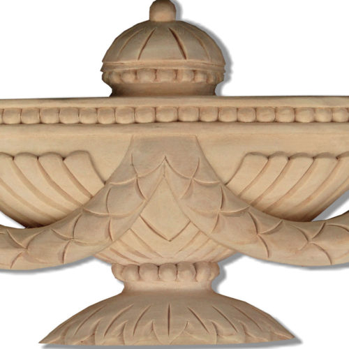 Tucson urn wood carving is hand crafted from premium selected white hardwood. Wood carving features carved in deep relief urn with laurel leaf motif swags and beaded trim design