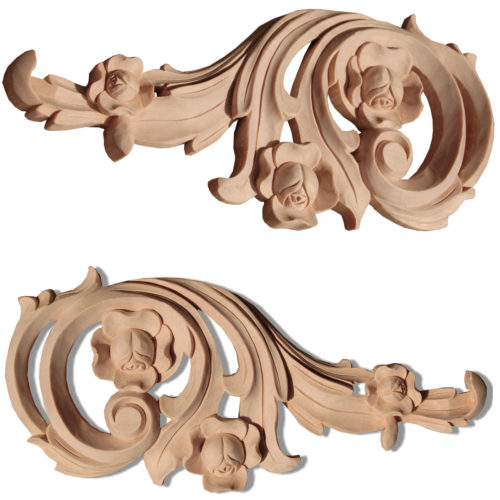 Arcadia carved wood scrolls is hand crafted from premium selected white hardwood. Wood carvings feature carved in deep relief flowers with elegant leaf scrolls