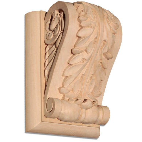 Madison wood bracket has a beautiful traditional carved in a deep relief acanthus leaf motif. On the sides bracket has a graceful curves and classic leaf scrolls design