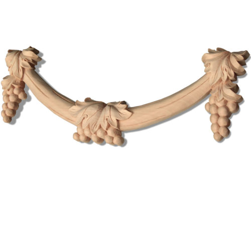 Cupertino grape swag is hand carved from premium selected white hardwood. Design of this carved wood swag features stylized grape clusters peeking out from under the leaf in the center of the carving