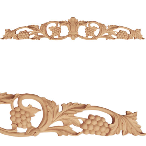 Merced grape wood onlays are hand crafted from premium selected white hardwood. Wood carving features carved in deep relief grape clusters and grapevine design