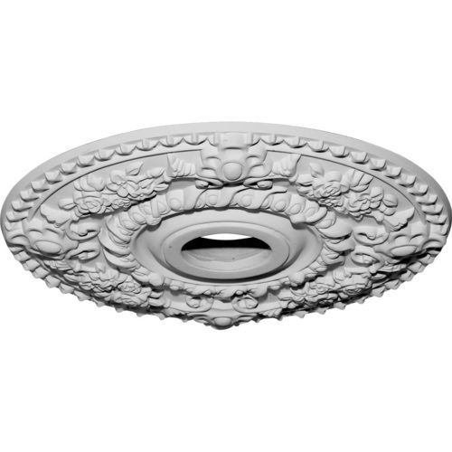 Rose ceiling medallion has a traditional design. This decorative medallion is a reproduction of the historical design.